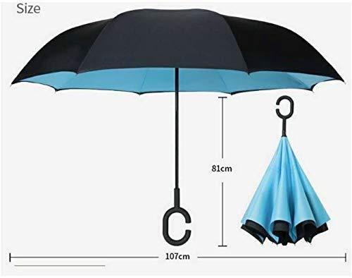 Inverted umbrella with C-shaped handle and measurements on a white background