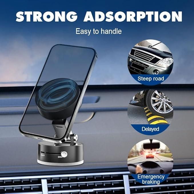 Phone holder with strong adsorption feature on a car dashboard, showing scenarios like steep roads and emergency braking.