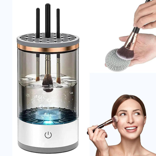 Makeup brush cleaner with brushes, a hand holding a brush, and a woman using a brush.
