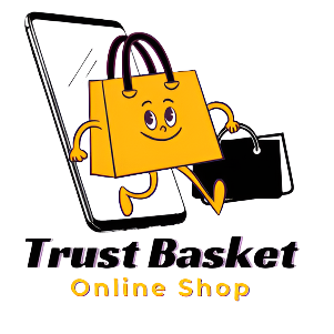 Trust Basket Online Shop logo with a smartphone and shopping bags on a white background